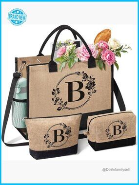 Monogrammed Jute Tote Bag Personalized Beach Gift Womens Shoulder Bag